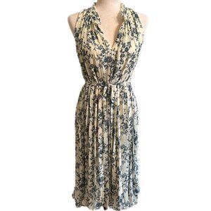 LOFT Light Yellow and Blue Floral Pleated Dress in XS/S